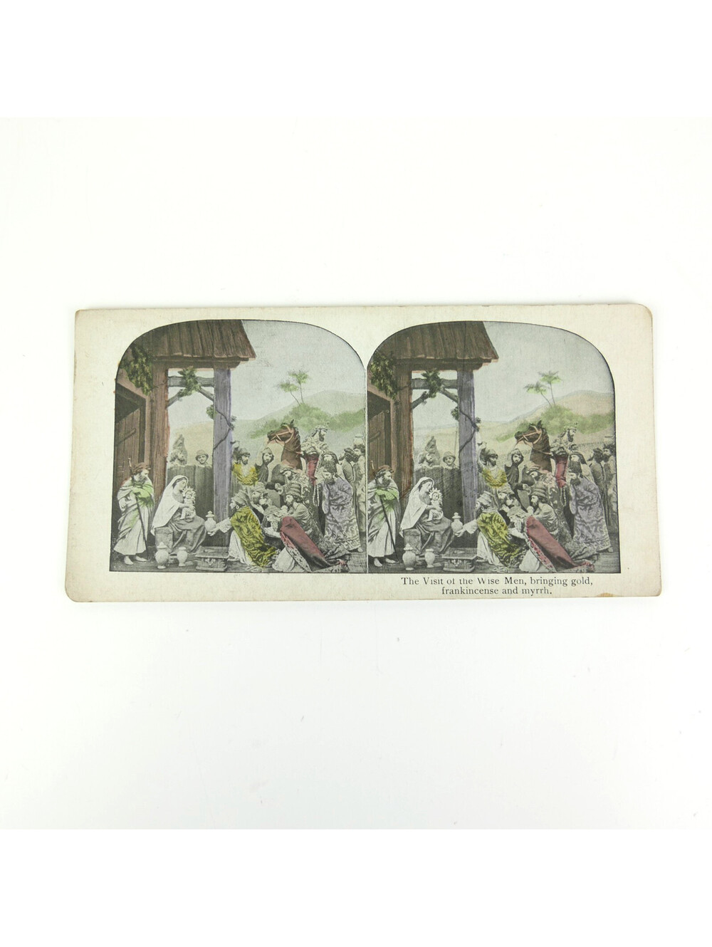 Antique Stereoview Card Wise Men Visit Jesus Litho Stereograph Religion Art 3D